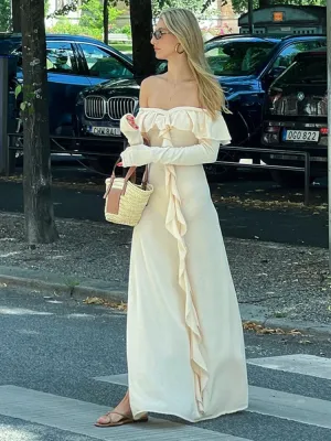 ADVBRIDGE Apricot Slim Long Dress For Women Clothing High Waist Vestidos Elegantes Para Mujer Flounced Edge Slash Neck Autumn Robe Longue