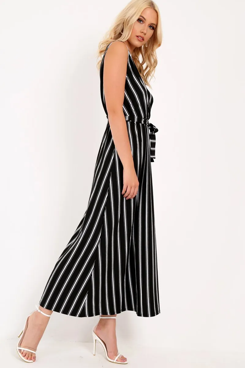 Black White Stripe Plunge Wrap Maxi - Skyelin