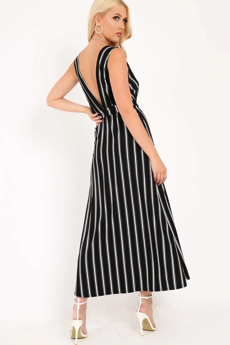 Black White Stripe Plunge Wrap Maxi - Skyelin