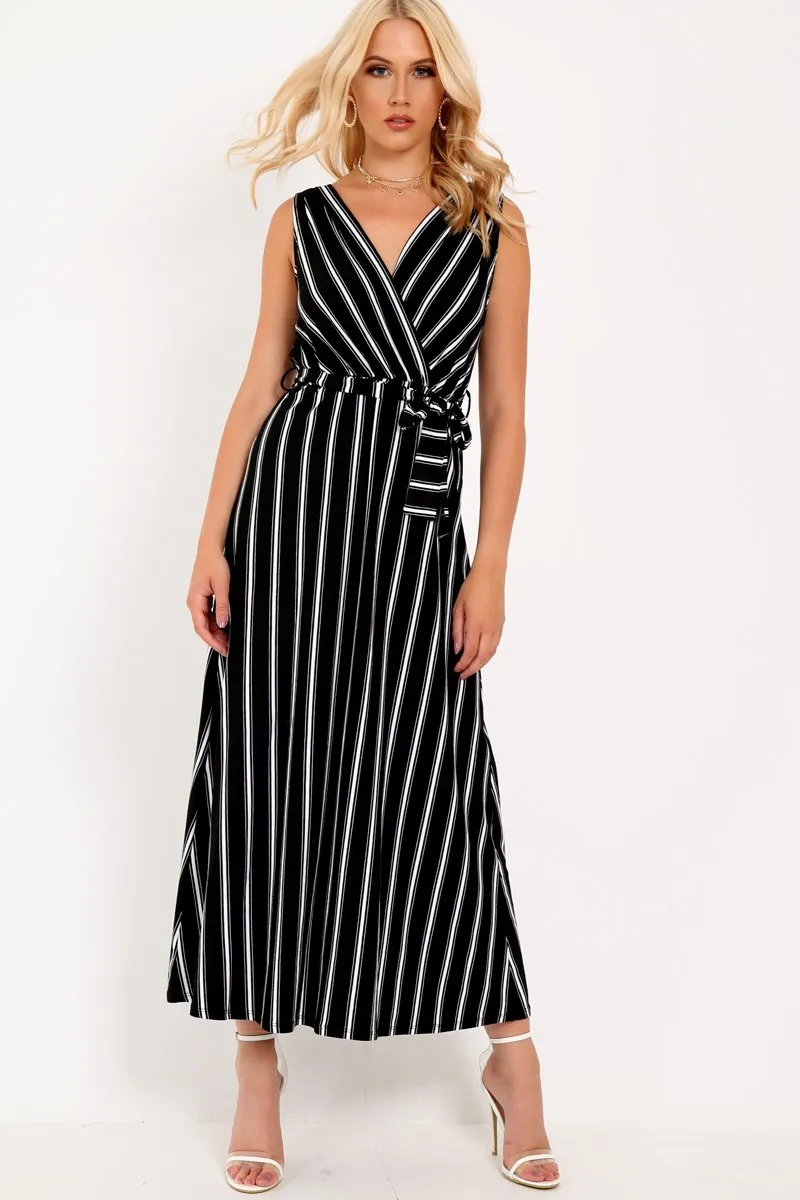 Black White Stripe Plunge Wrap Maxi - Skyelin