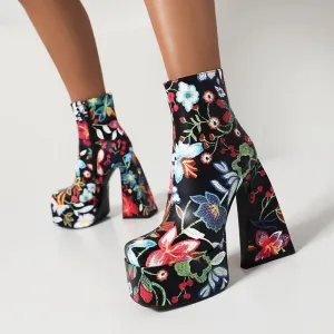 Boots for Women Colorful Flower Pattern Super High Cutout Chunky Heel Women's Ankle Boots Square Toe Platform Side Zip Printed Short Boots