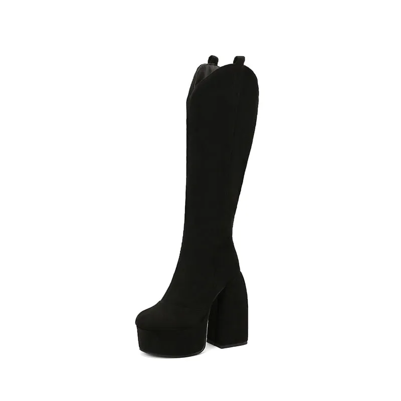 Boots for Women Platform Strange Chunky Heel Graffiti Women's Boots Plush Inner Zipper Flock Material Knee Boots