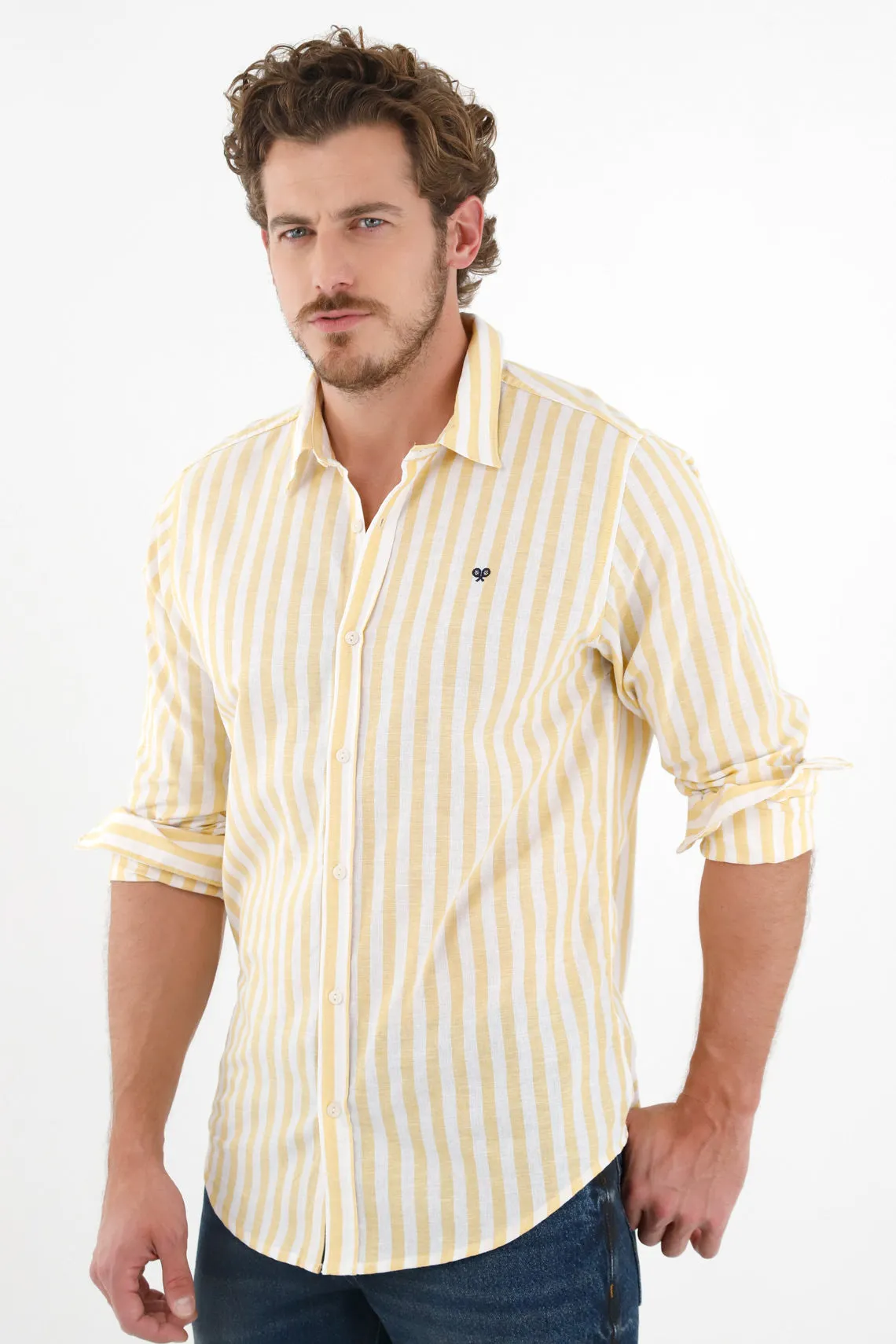 Camisa amarilla con diseño preteñido a rayas para hombre