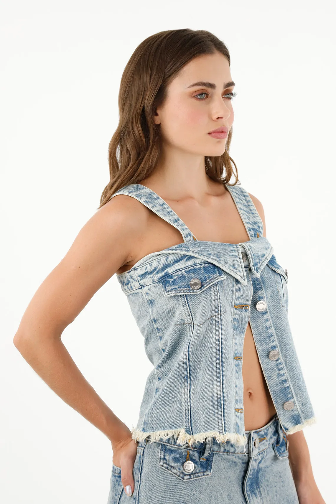 Camisa azul denim con bolsillos para mujer