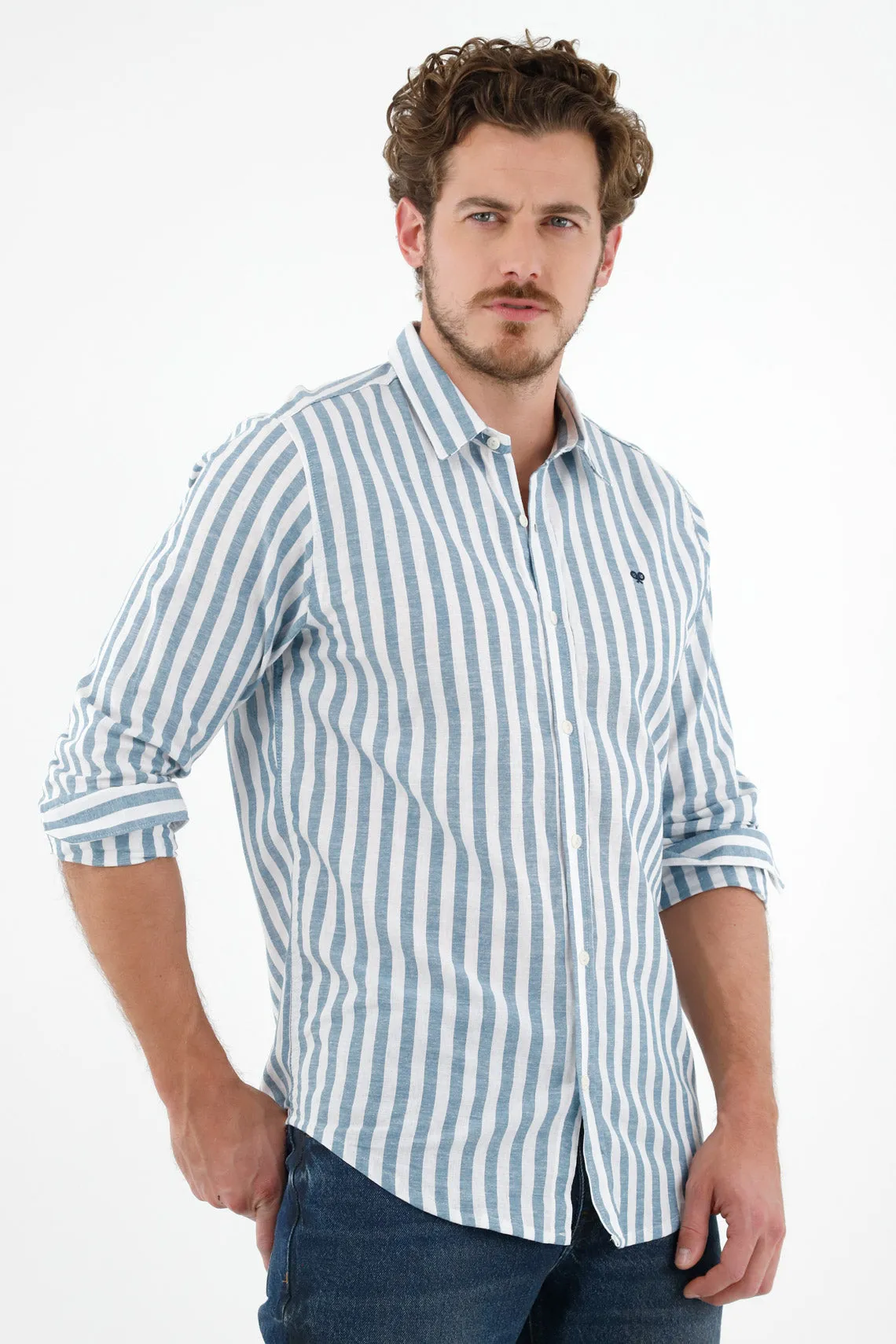 Camisa azul manga larga para hombre