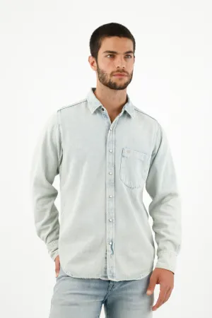 Camisa con bolsillo de parche azul para hombre