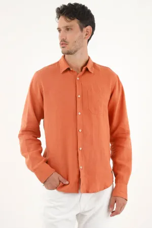 Camisa naranja en 100% lino para hombre