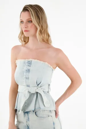 Camisa strapless en demin azul para mujer