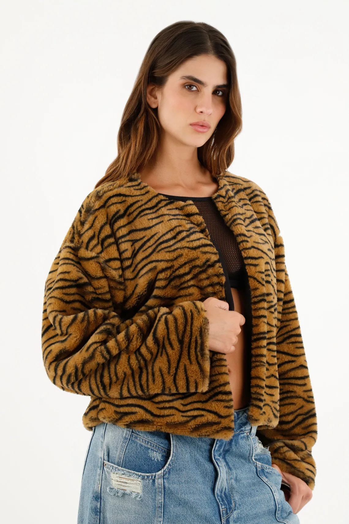 Chaqueta afelpada de animal print para mujer