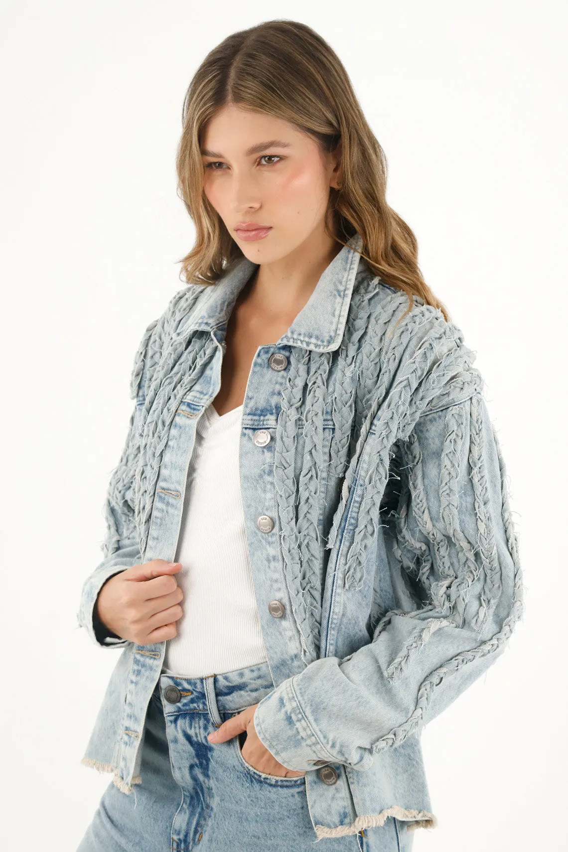 Chaqueta con detalles trenzados azul para mujer