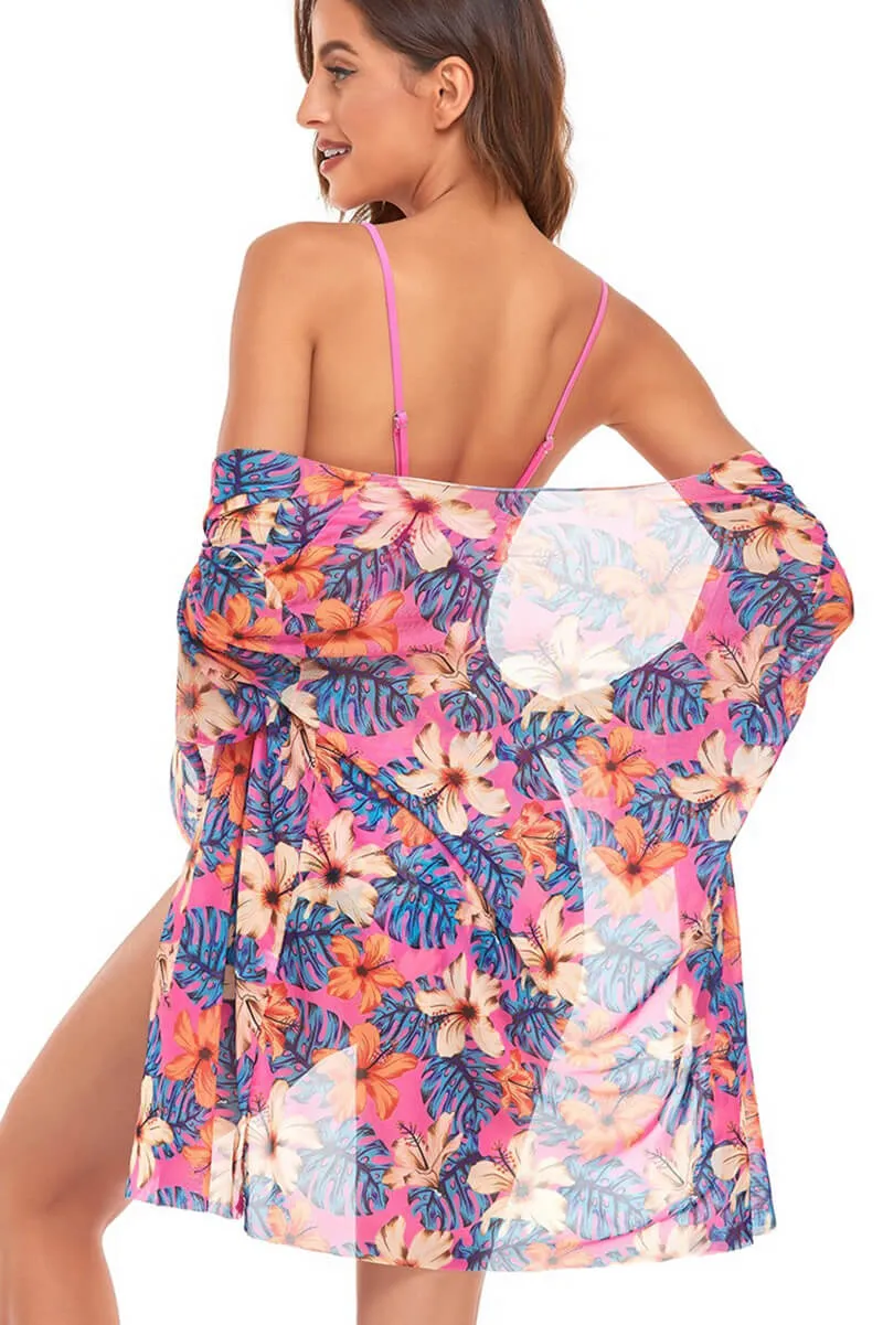 Conjunto Biquíni e Camisola de Praia Floral Rosa