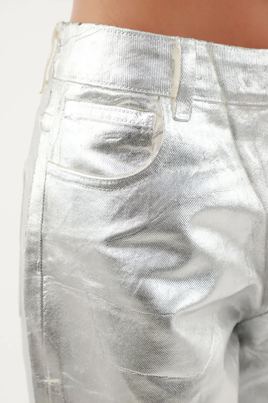 Womens Metallic Gray Jeans with Chic Detailing