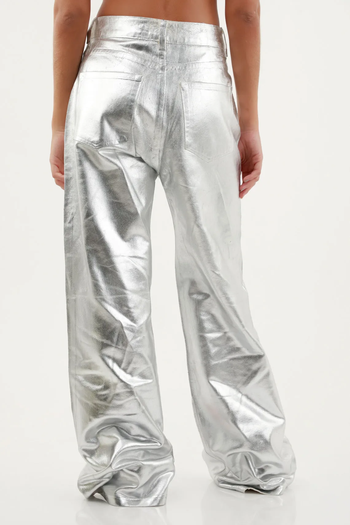 Womens Metallic Gray Jeans with Chic Detailing