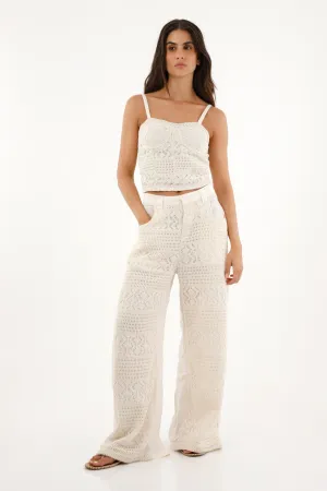 Pantalón Wide Leg tiro medio con detalles tejidos para mujer