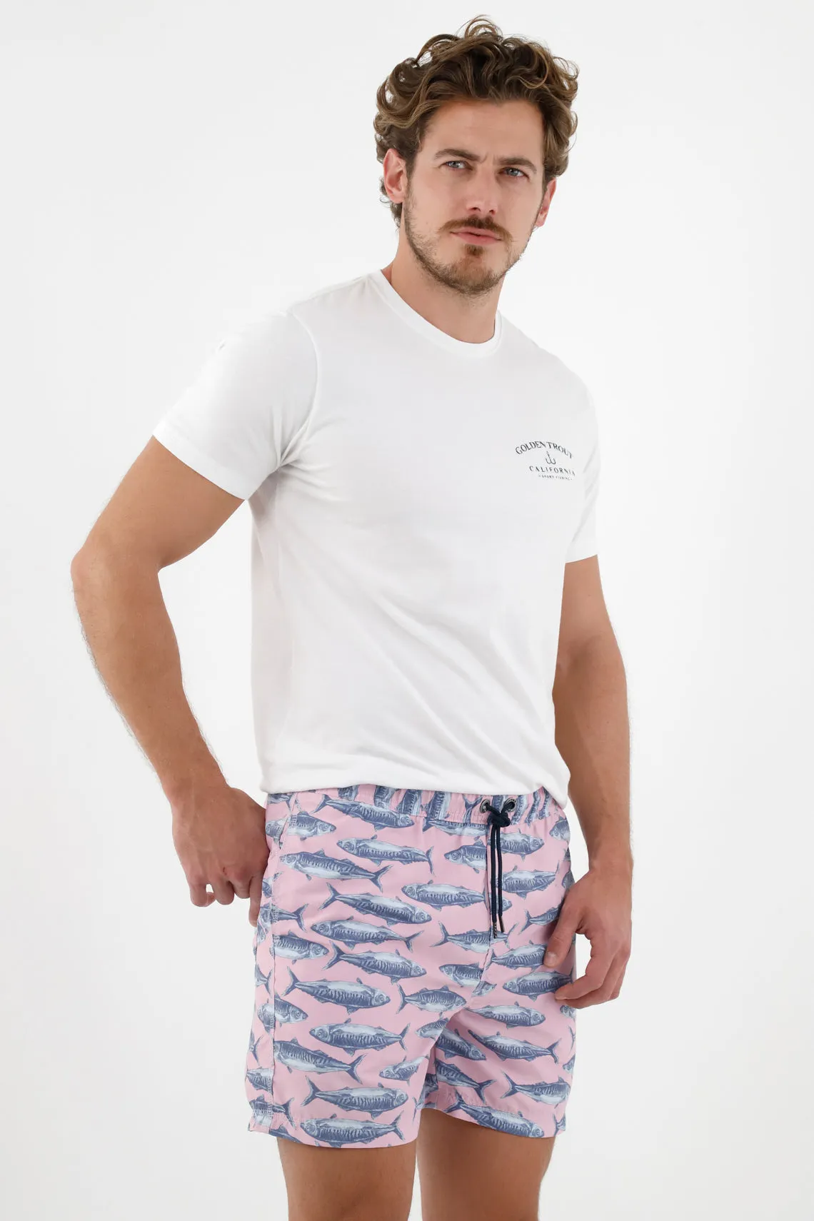 Pantaloneta de baño rosada estampada para hombre