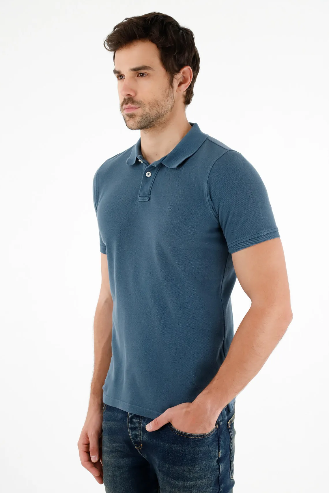 Polo azul con raqueta bordada para hombre