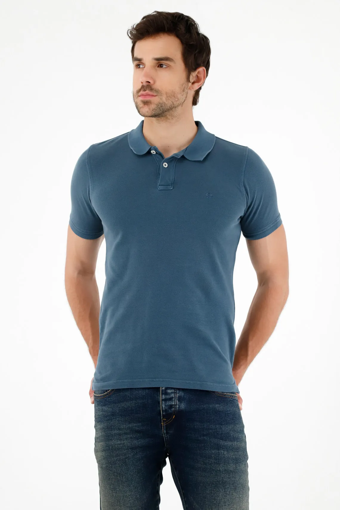 Polo azul con raqueta bordada para hombre