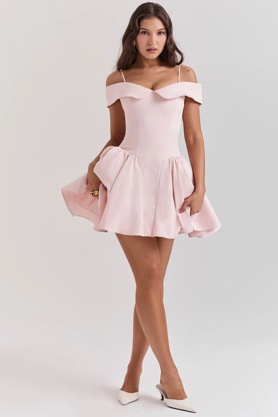 Vestido Curto Bailarina Off Shoulder Rosa Modelo Elida