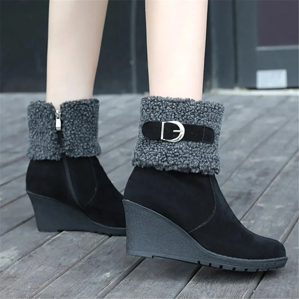 Winter Boots For Women - Botas de Invierno de Mujer Fur Warm Snow Boots Ladies Side Zip Wedges Flock Booties Ankle Boots Comfortable