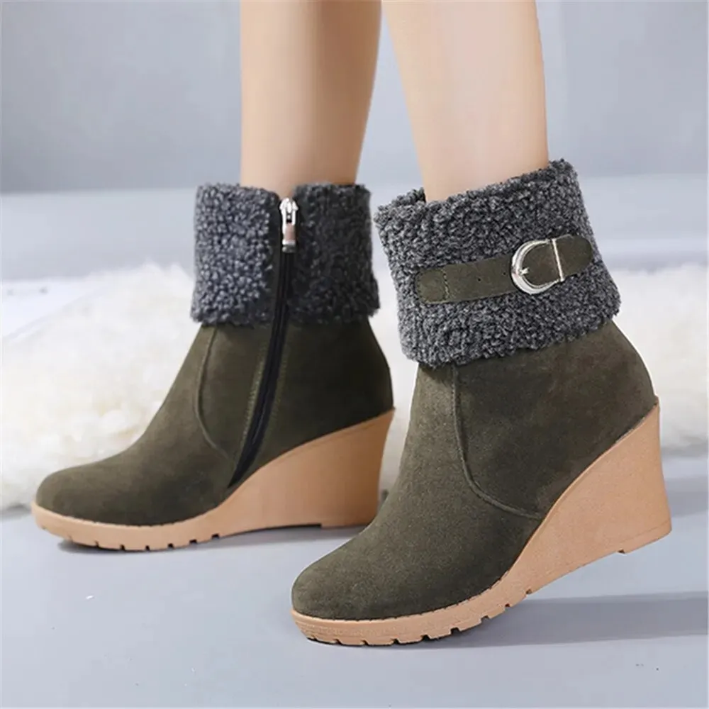 Winter Boots For Women - Botas de Invierno de Mujer Fur Warm Snow Boots Ladies Side Zip Wedges Flock Booties Ankle Boots Comfortable