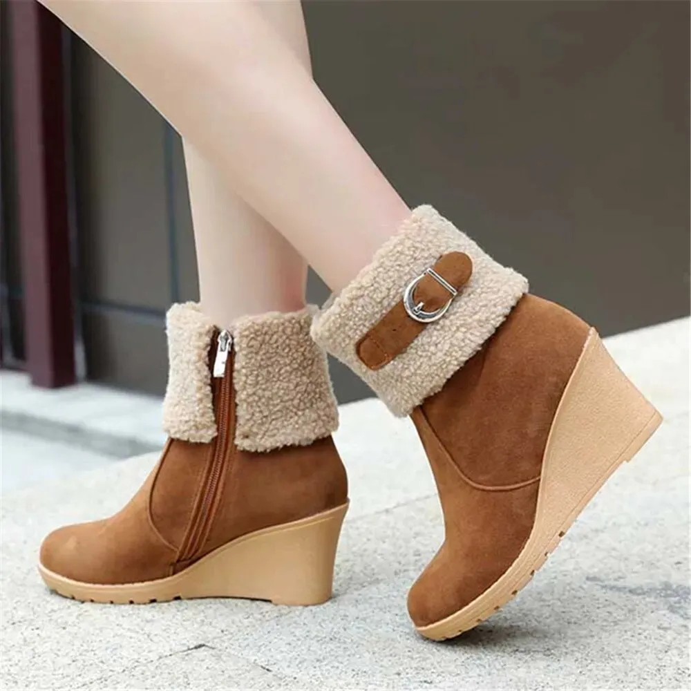 Winter Boots For Women - Botas de Invierno de Mujer Fur Warm Snow Boots Ladies Side Zip Wedges Flock Booties Ankle Boots Comfortable