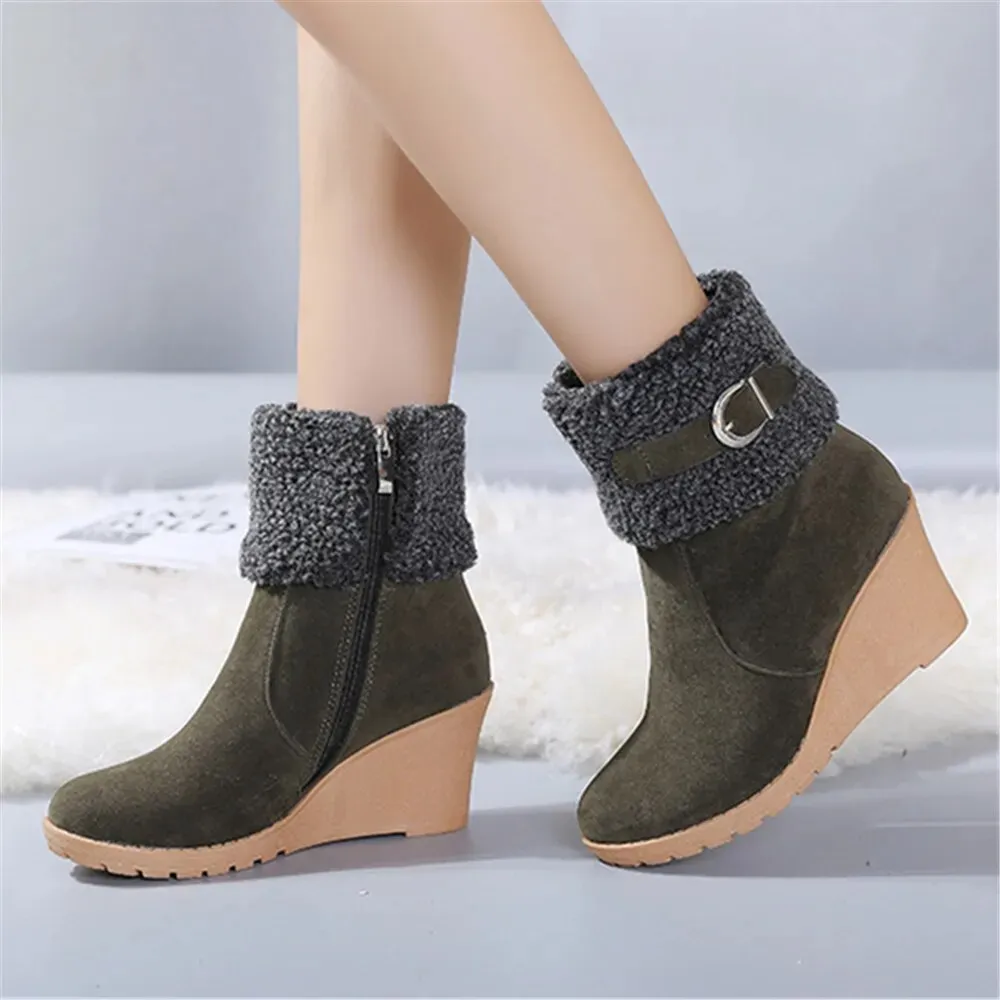 Winter Boots For Women - Botas de Invierno de Mujer Fur Warm Snow Boots Ladies Side Zip Wedges Flock Booties Ankle Boots Comfortable