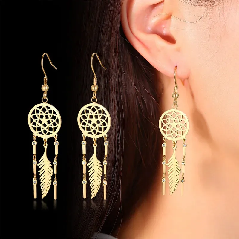 Women's Earrings Aretes para mujeres Chic Dreamcatcher Dangle Earrings for Women Solid Gold Color Stainless Steel Earrings Elegant Lady Party Jewelry