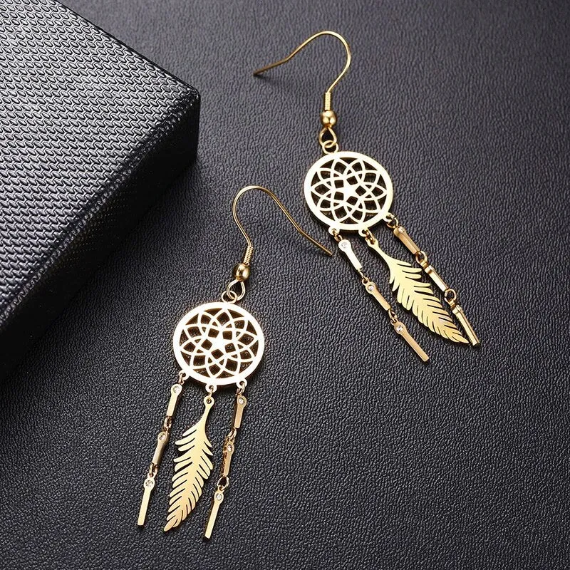 Women's Earrings Aretes para mujeres Chic Dreamcatcher Dangle Earrings for Women Solid Gold Color Stainless Steel Earrings Elegant Lady Party Jewelry