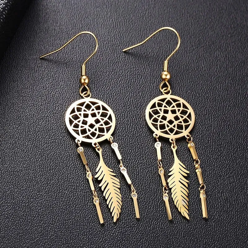 Women's Earrings Aretes para mujeres Chic Dreamcatcher Dangle Earrings for Women Solid Gold Color Stainless Steel Earrings Elegant Lady Party Jewelry