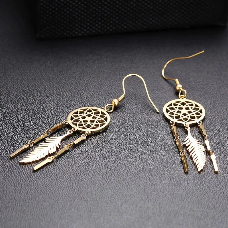 Women's Earrings Aretes para mujeres Chic Dreamcatcher Dangle Earrings for Women Solid Gold Color Stainless Steel Earrings Elegant Lady Party Jewelry