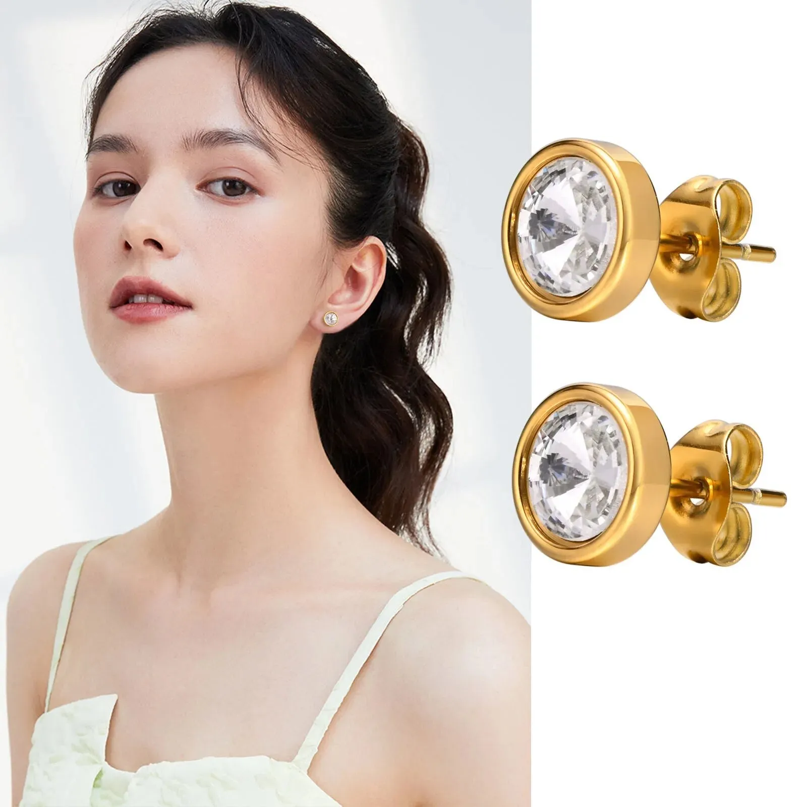 Women's Earrings Aretes para mujeres Simple Stud Earrings for Women, Gold Plated Stainless Steel Pin with AAA CZ Stone, Unisex Basic Ear Jewelry