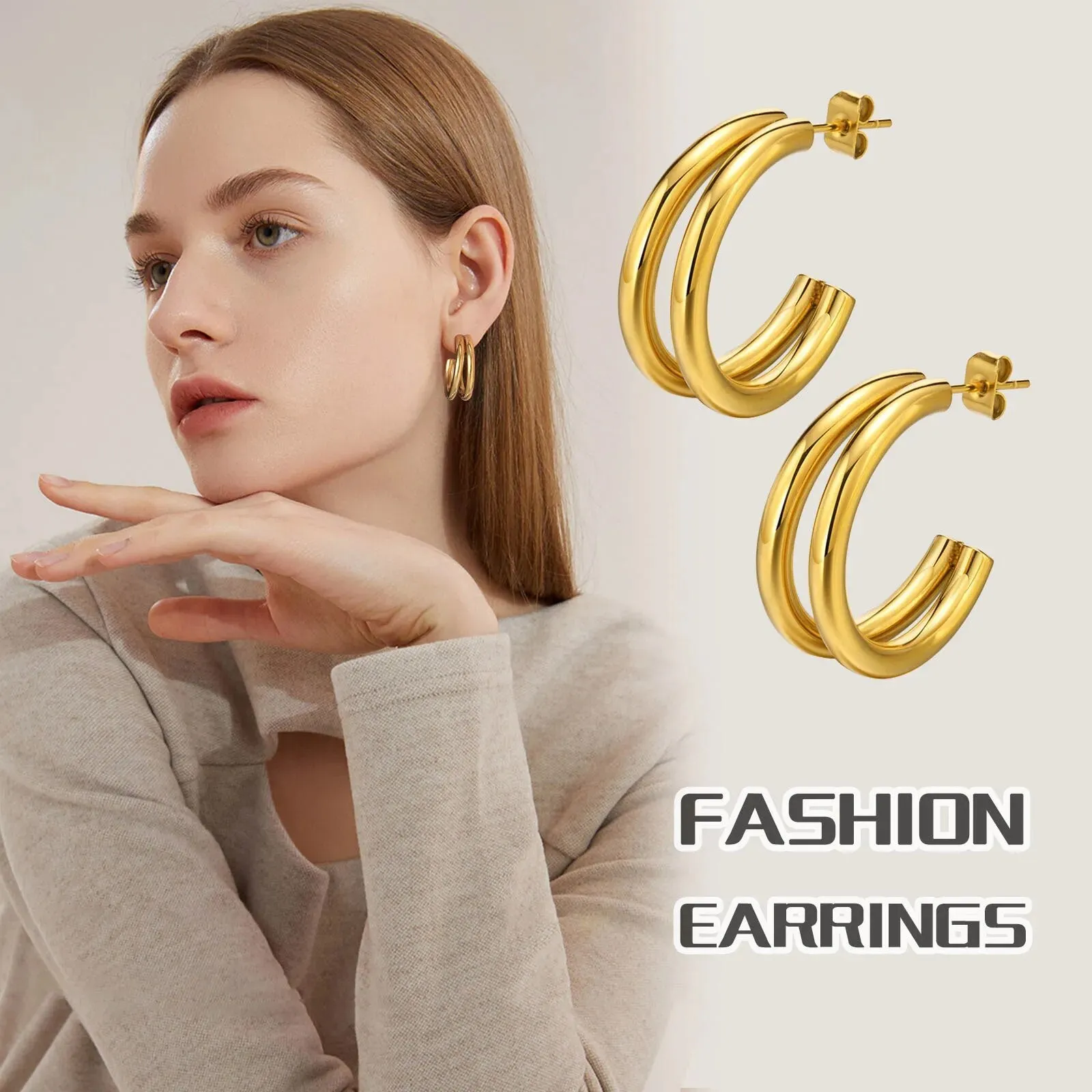 Women's Earrings Aretes para mujeres Women Hoop Earrings, Double Circle Hoops, Gold Color Stainless Steel C Shaped Huggie, Minimalist Metal Ear Jewelry