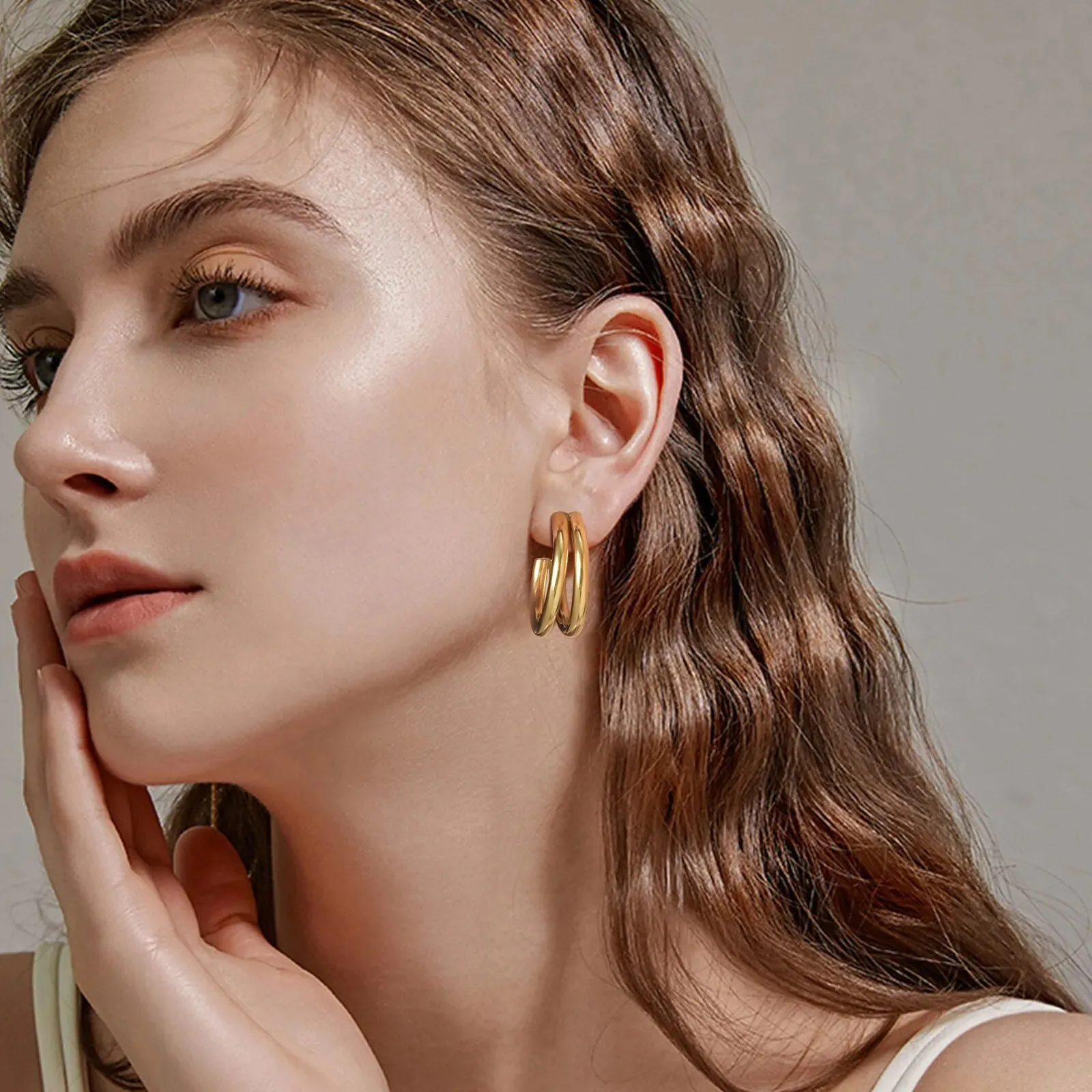 Women's Earrings Aretes para mujeres Women Hoop Earrings, Double Circle Hoops, Gold Color Stainless Steel C Shaped Huggie, Minimalist Metal Ear Jewelry