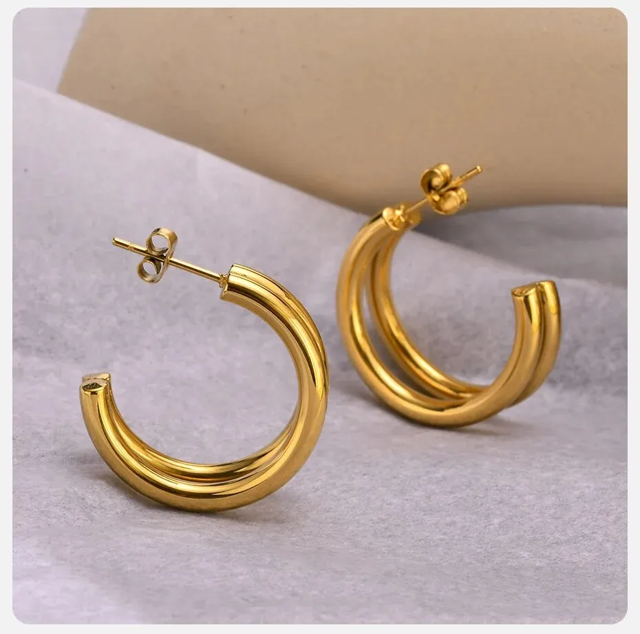 Women's Earrings Aretes para mujeres Women Hoop Earrings, Double Circle Hoops, Gold Color Stainless Steel C Shaped Huggie, Minimalist Metal Ear Jewelry