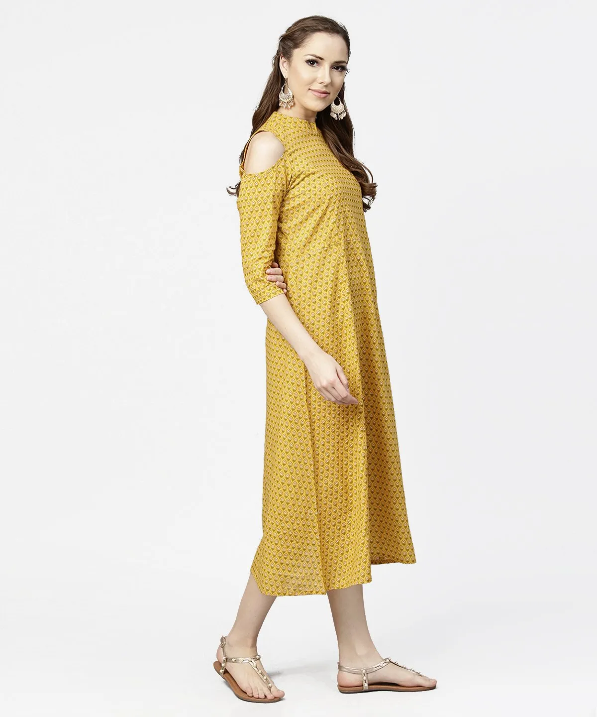 Yellow Printed 3/4Th Cold Shoulder Sleeve Cotton Maxi Dress