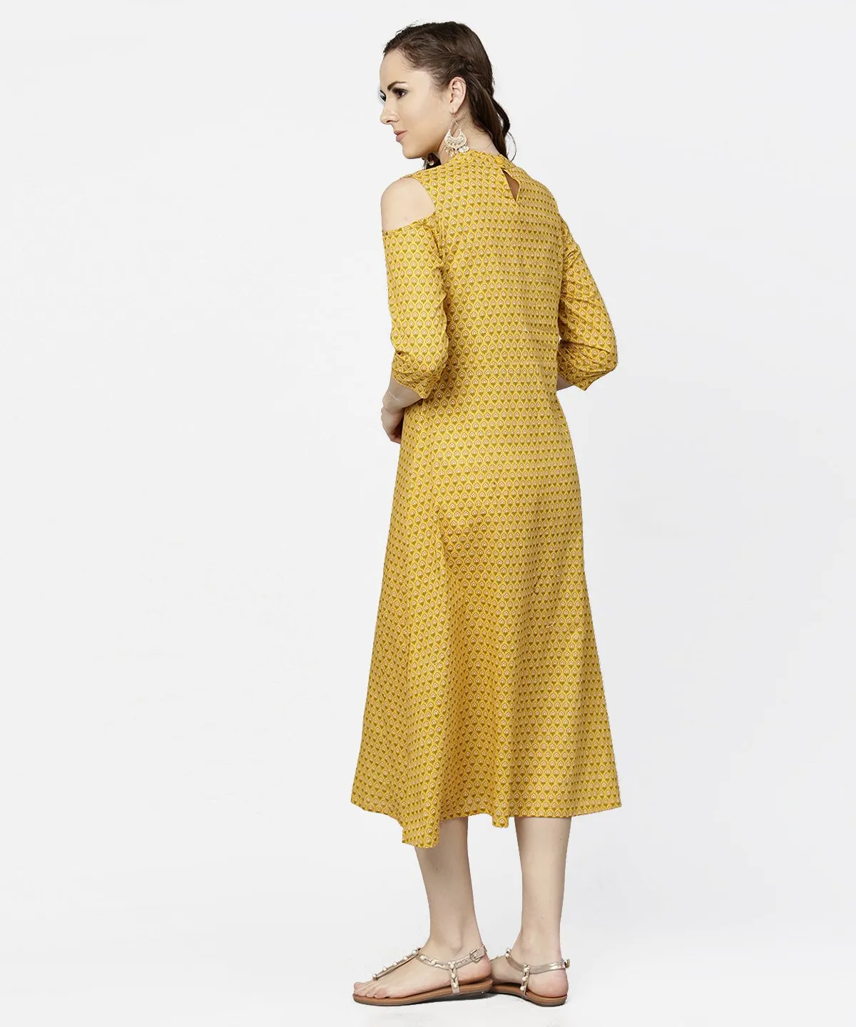 Yellow Printed 3/4Th Cold Shoulder Sleeve Cotton Maxi Dress