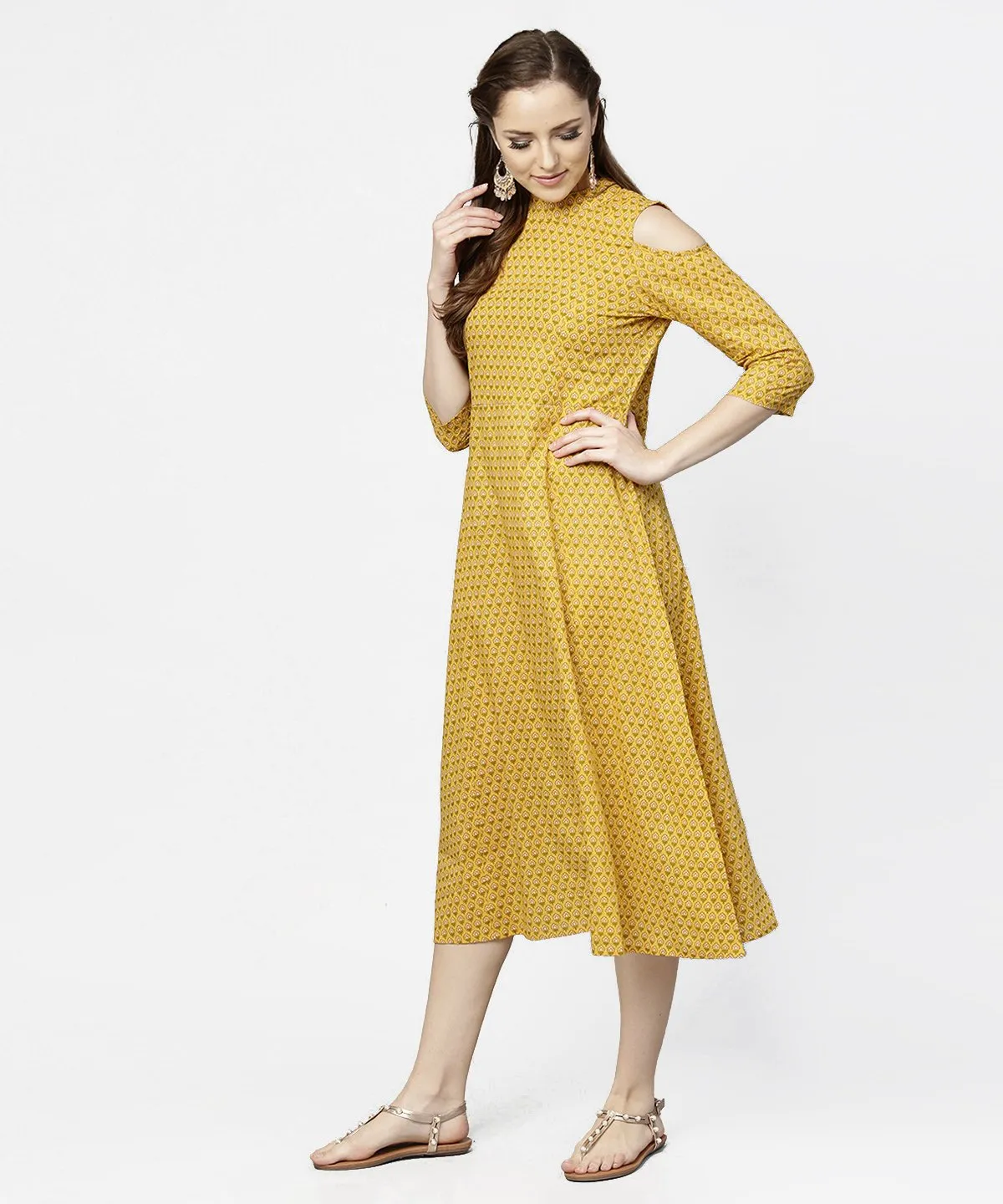 Yellow Printed 3/4Th Cold Shoulder Sleeve Cotton Maxi Dress